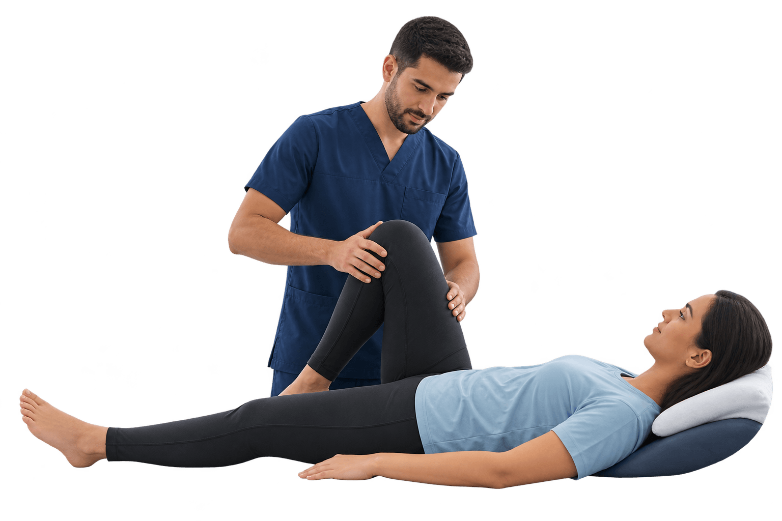 A physiotherapist guiding a patient through a knee exercise